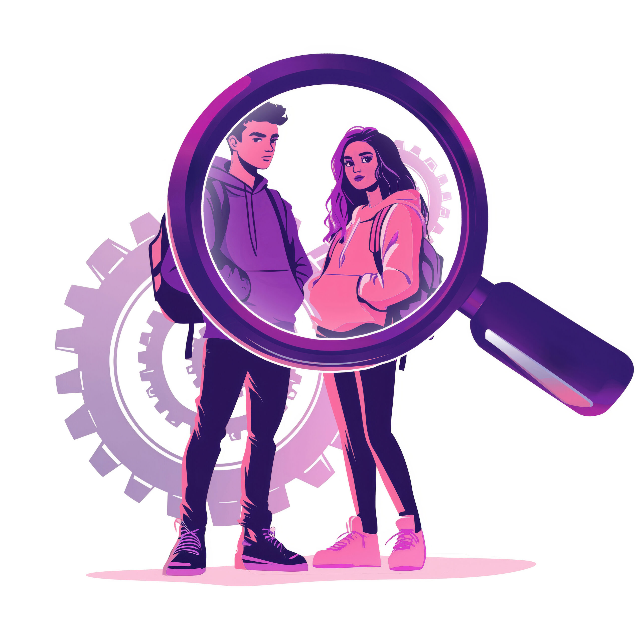 Magnifying glass showing two people