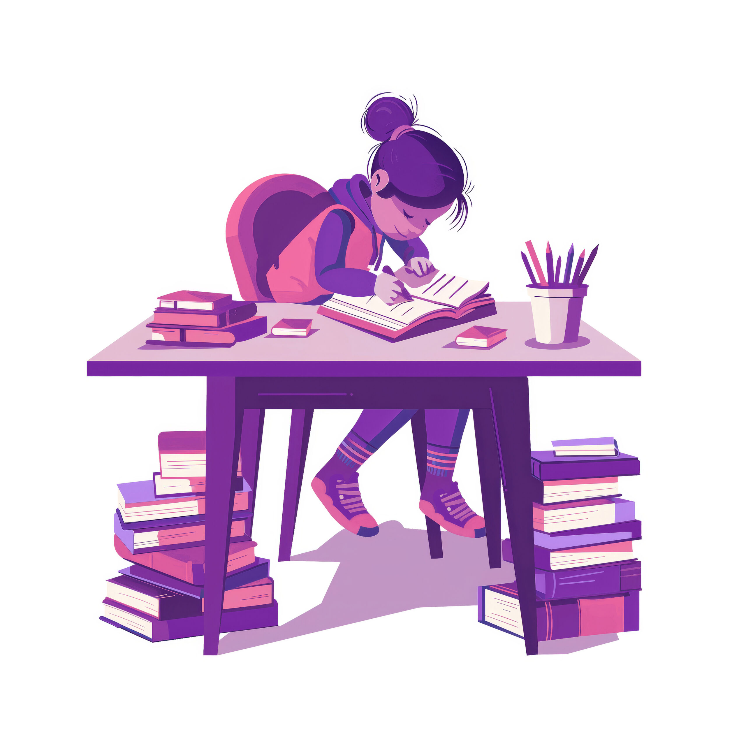 Child at a desk writing notes, surrounded by books