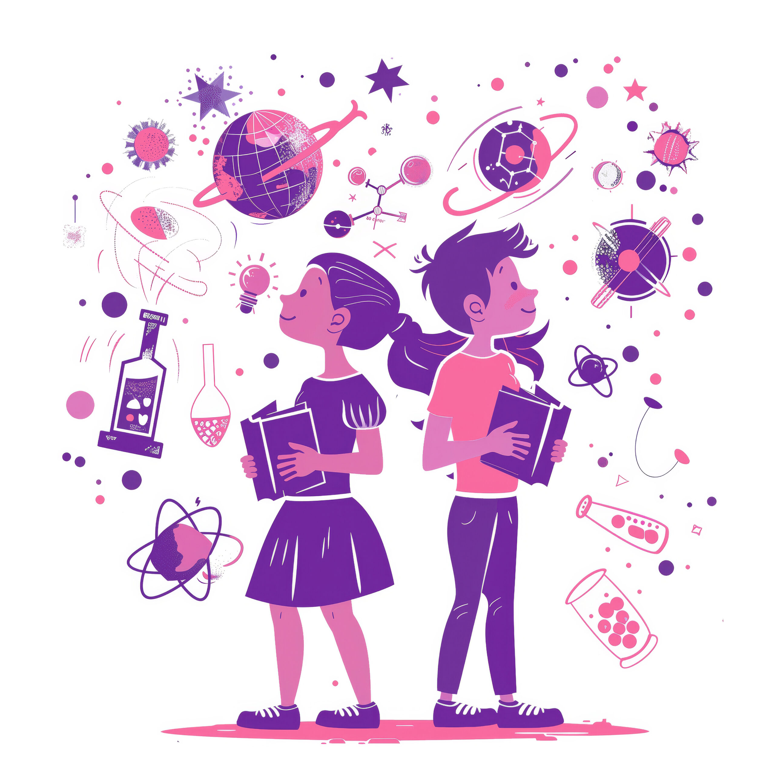 Two children holding books, surrounded by scientific symbols