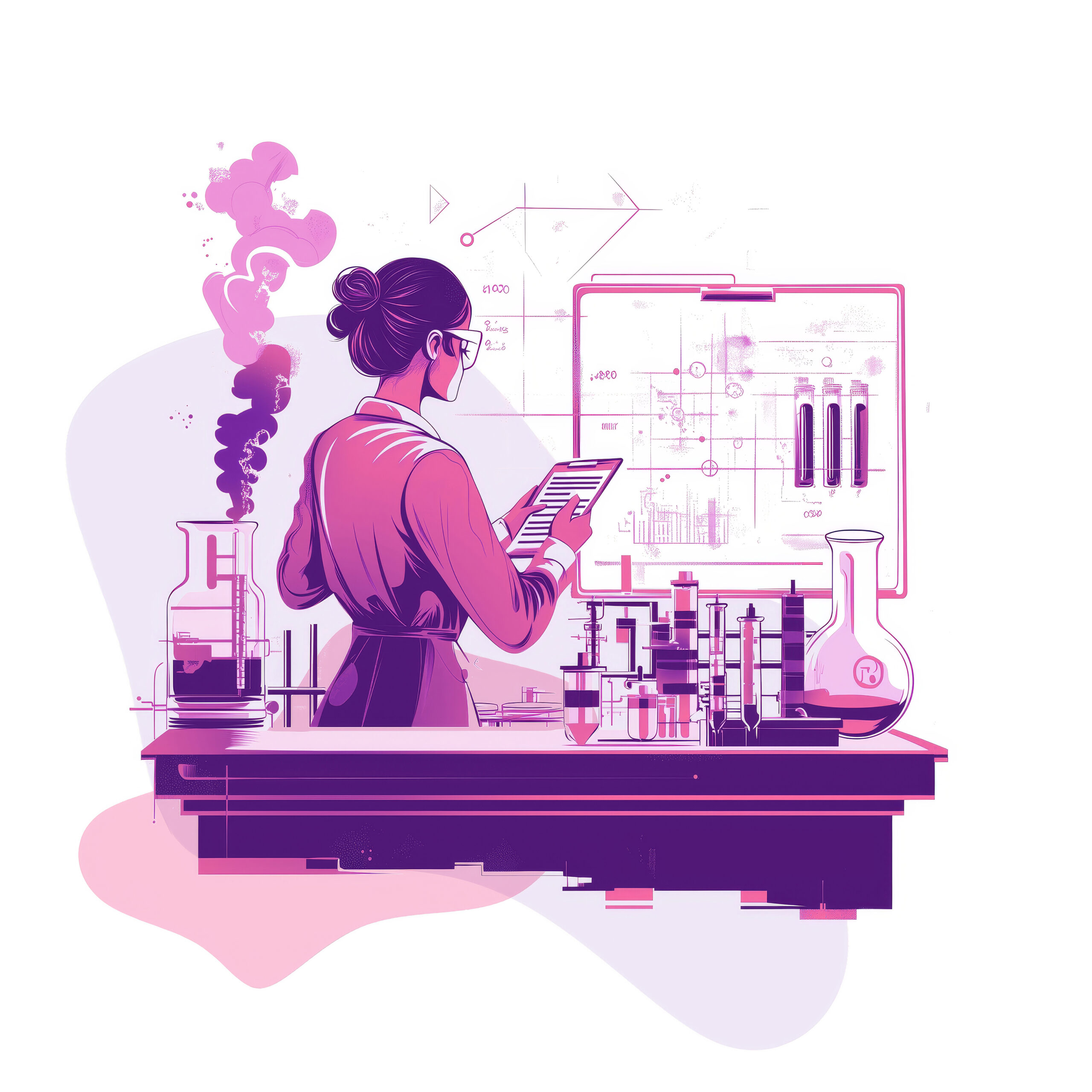 Scientist in a lab analyzing data with professional equipment and diagrams